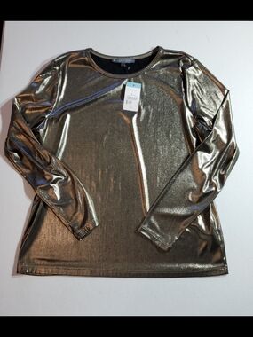 Elliott Lauren Metallic Shiny Long Sleeve Top - Gold Tone NWT 125